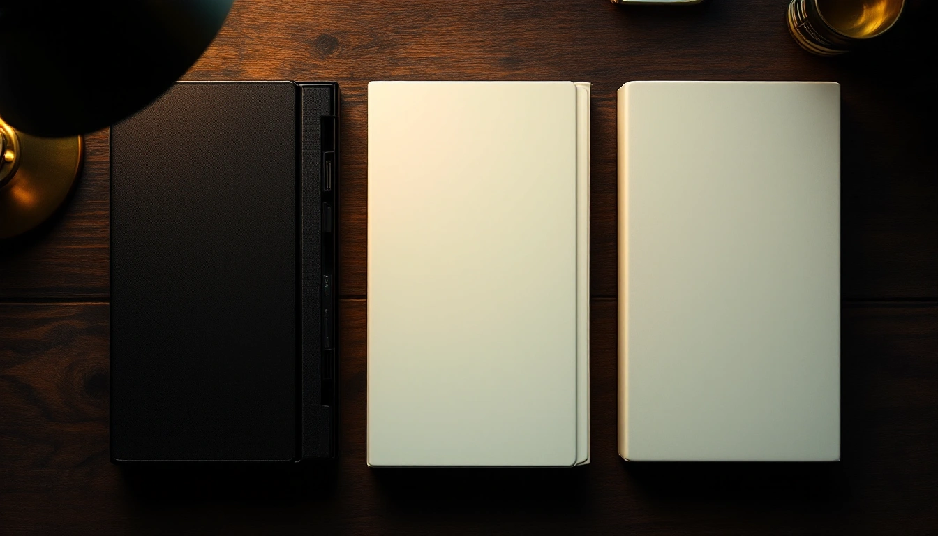 Three unmarked black and cream media cases on a wooden desk