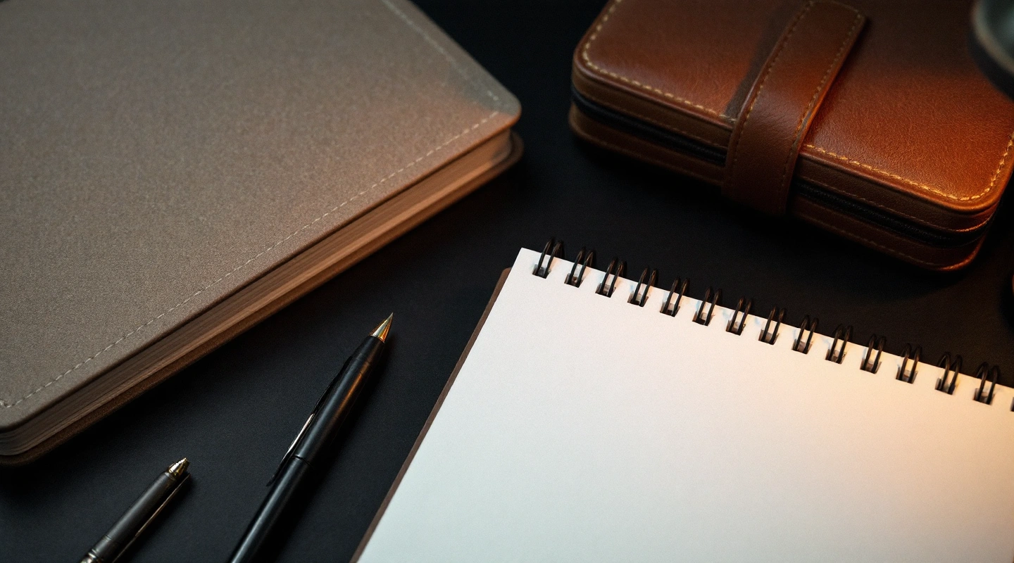 A blank notebook, pens and plain cases on a dark desk