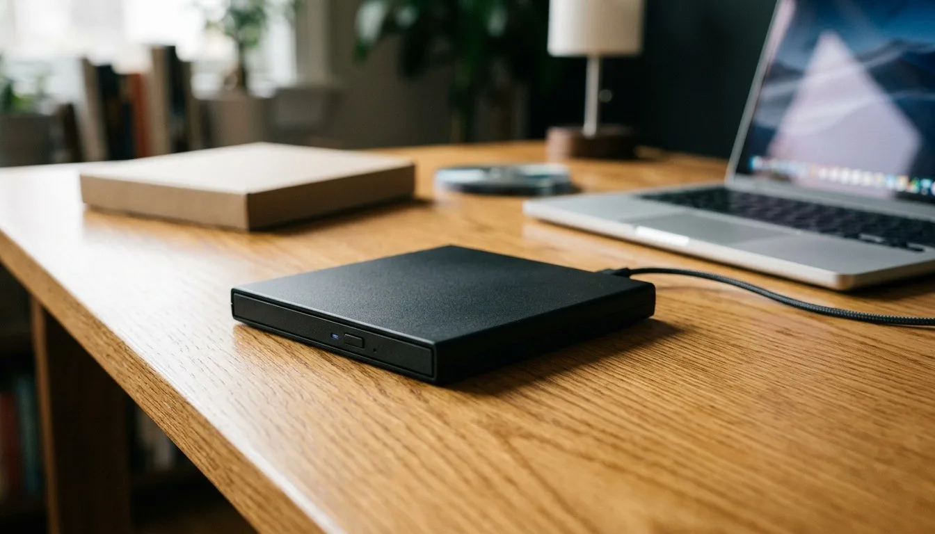A slim external Blu-ray drive connected by USB to a laptop on a wooden desk