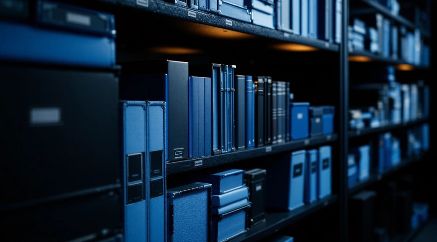 A long wall of plain blue and black cases on shelves in low light