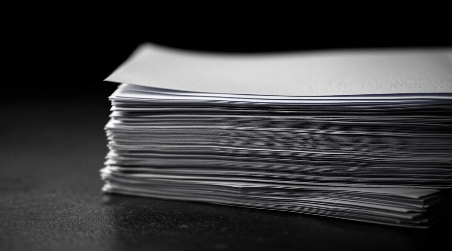 A stack of blank paper sheets on a dark table