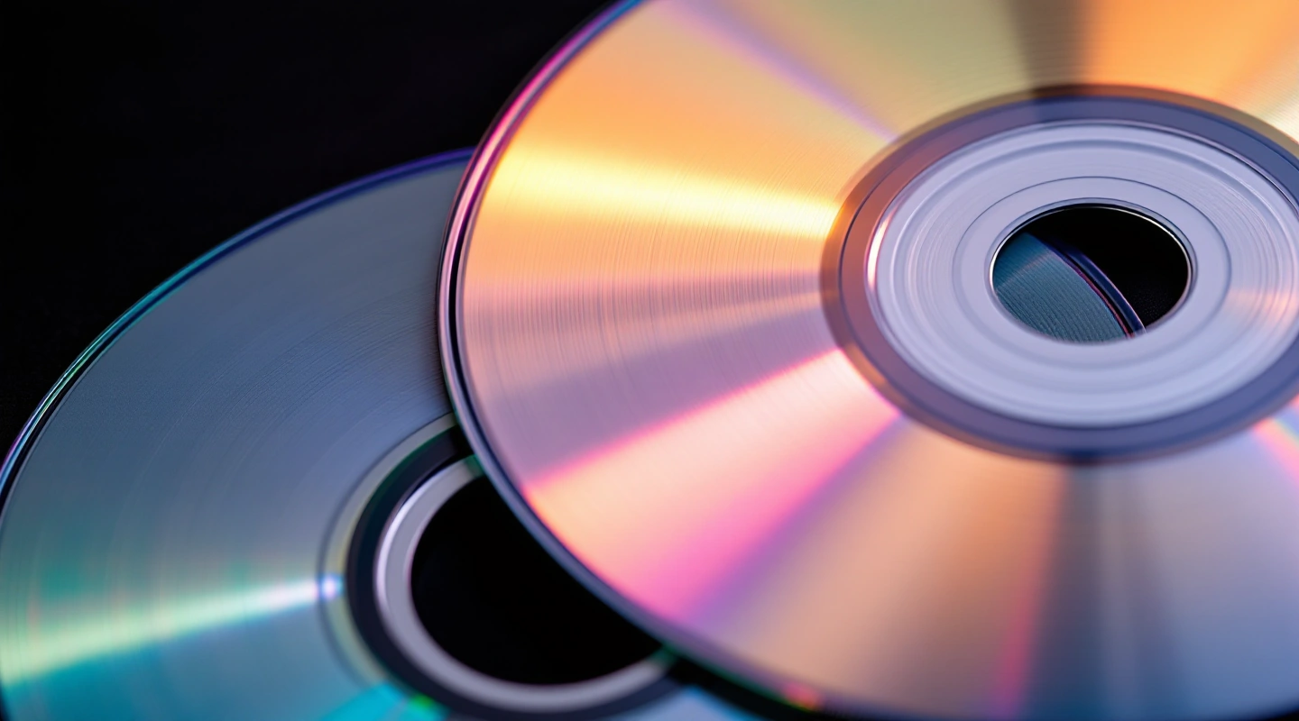 Two unlabeled discs overlapping, one with a blue sheen and one with a gold sheen