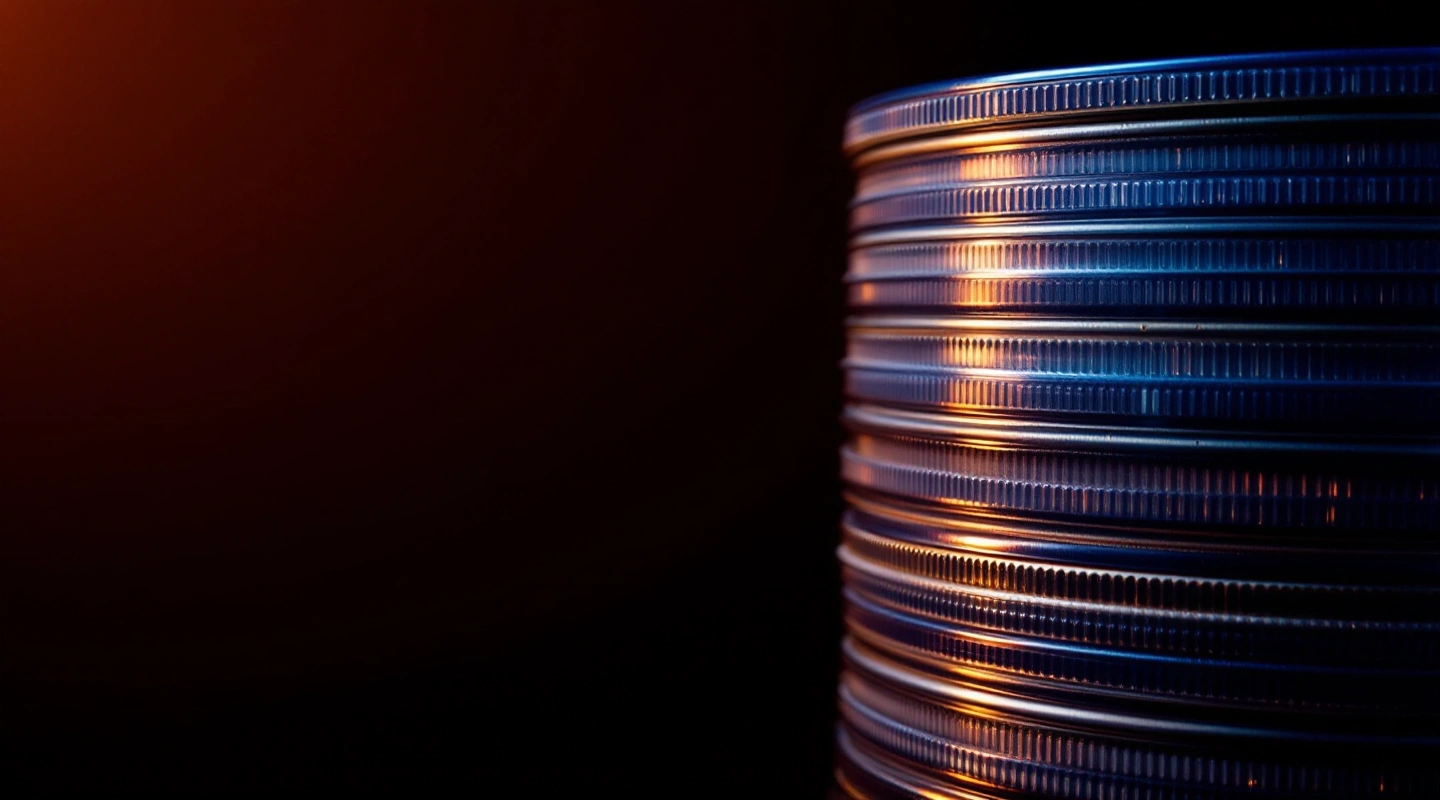A tall stack of blue-tinted discs lit edge-on in warm light