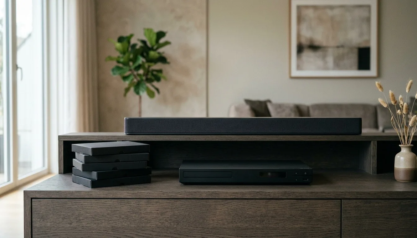 A black Blu-ray player and a stack of disc cases on a media console under a soundbar