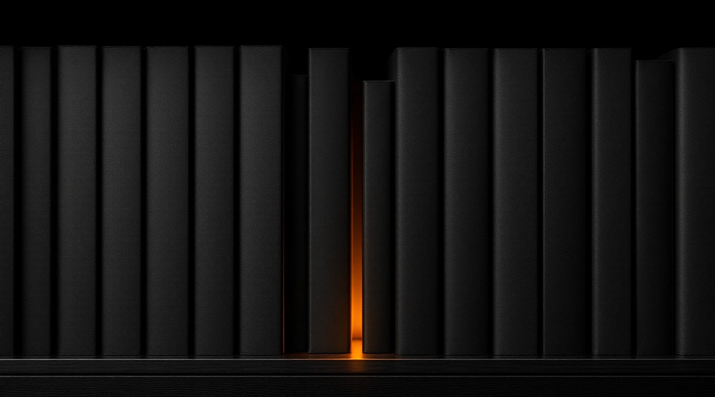 A row of plain black cases on a shelf with one gap lit from behind