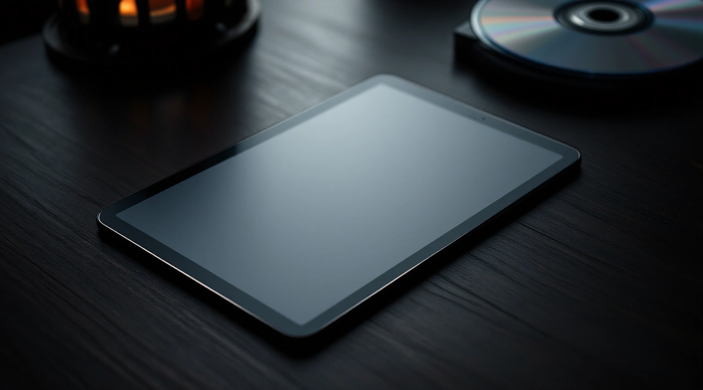 A blank tablet beside a disc on a dark wooden table