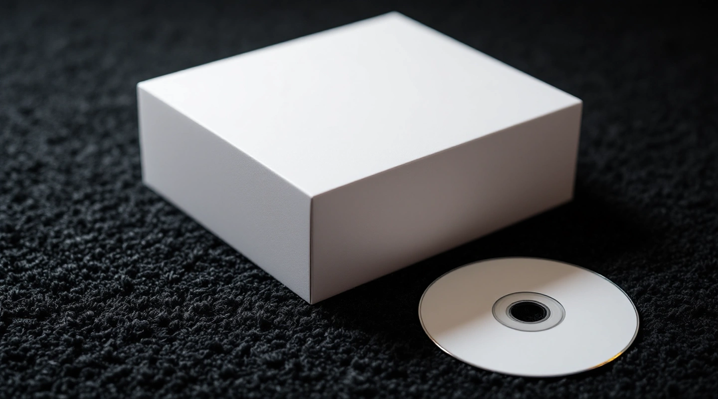 A plain white box beside an unlabeled disc on dark carpet