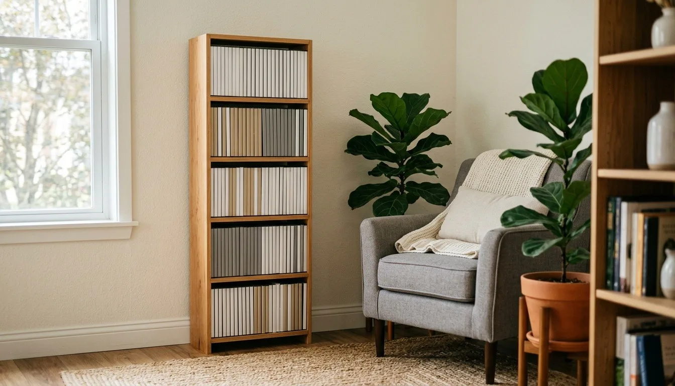 A tall narrow wooden media tower full of disc cases in a living room corner