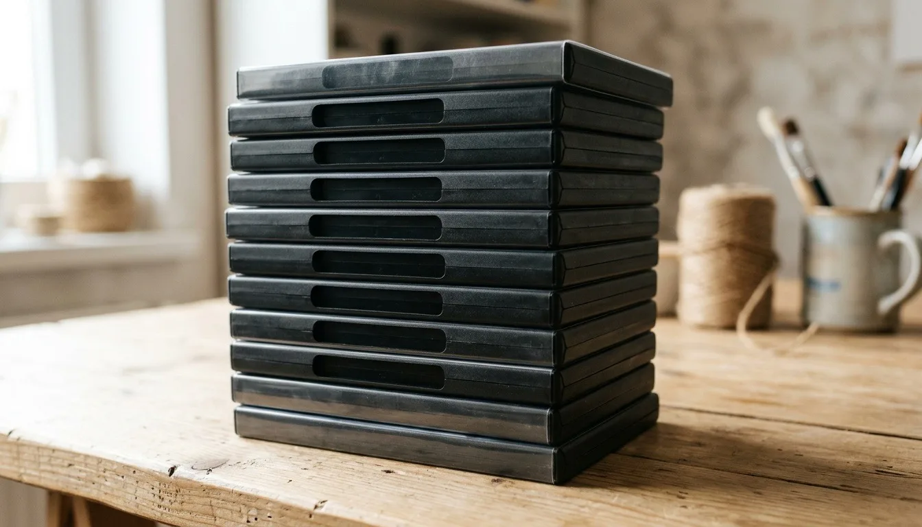 A stack of empty black DVD keepcases on a craft table