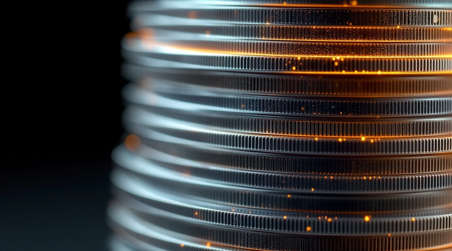 A tall spindle of blank discs with warm light on the edges