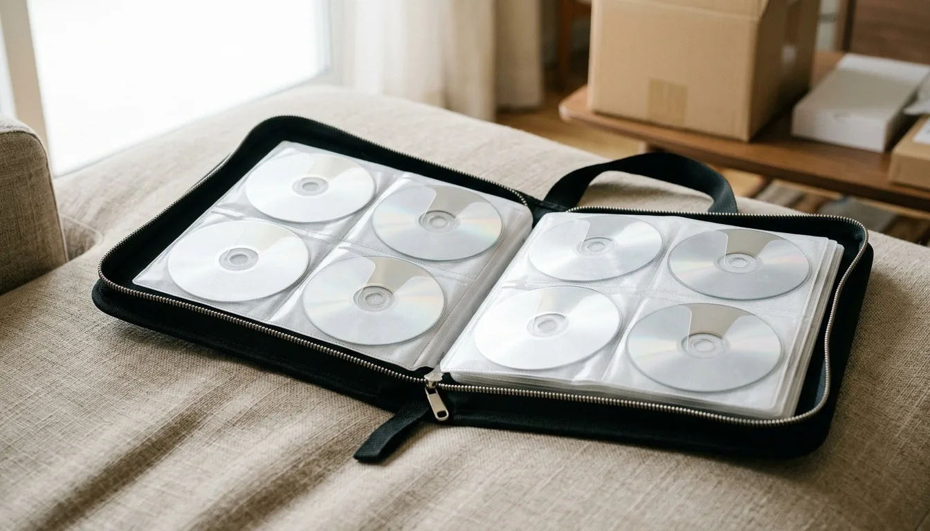 An open zippered disc binder with sleeves of silver discs on a linen sofa cushion