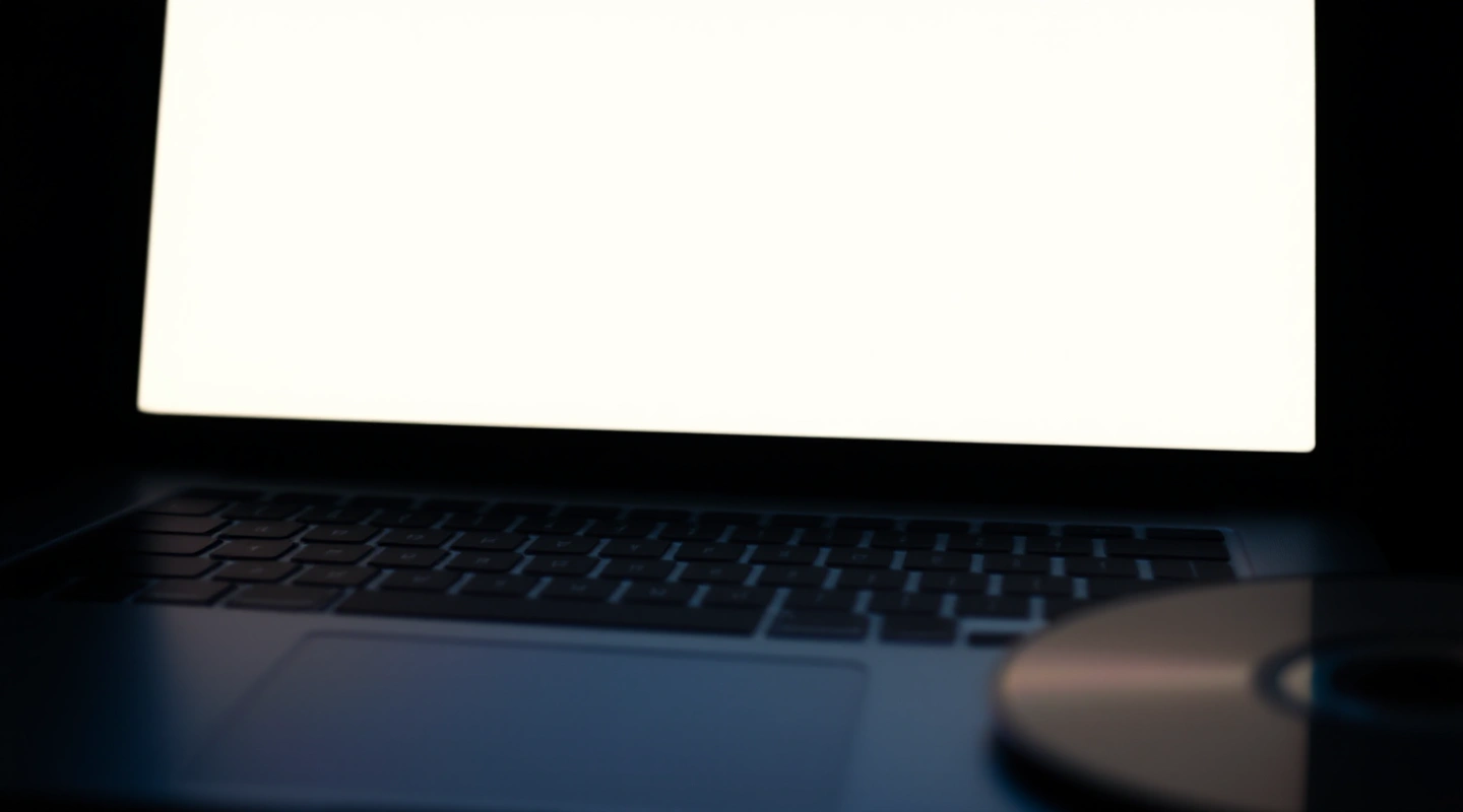 A laptop with a blank glowing screen beside an unlabeled disc