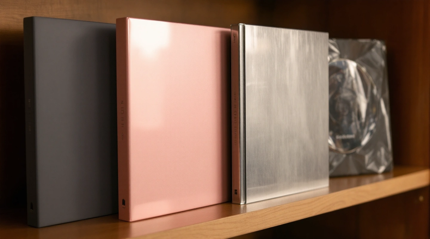 Disc packages in different sizes standing together on a wooden shelf