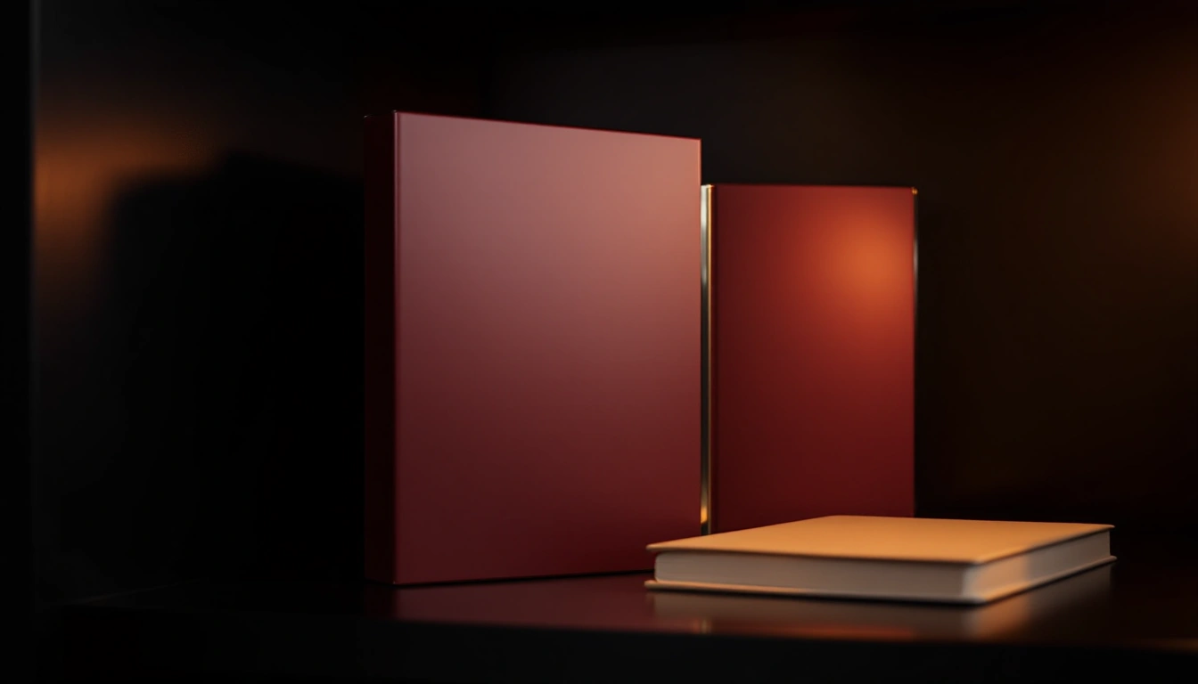 Plain plum-colored metal disc cases and an unmarked booklet in warm side light
