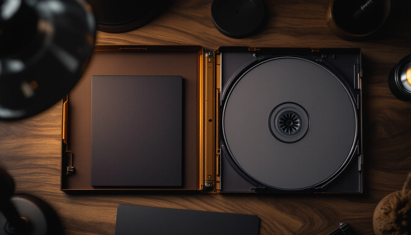 An open unmarked metal disc case and plain booklet on a wooden desk