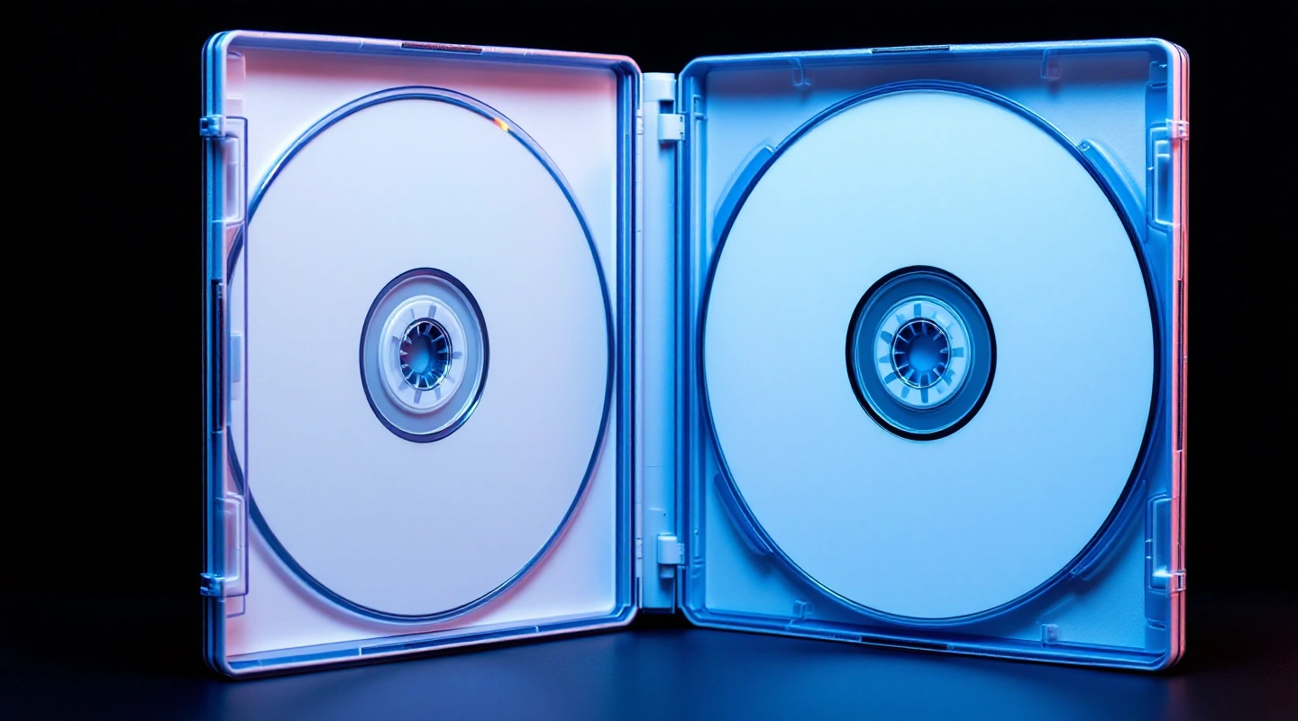An open plain disc case holding two unlabeled discs under blue light