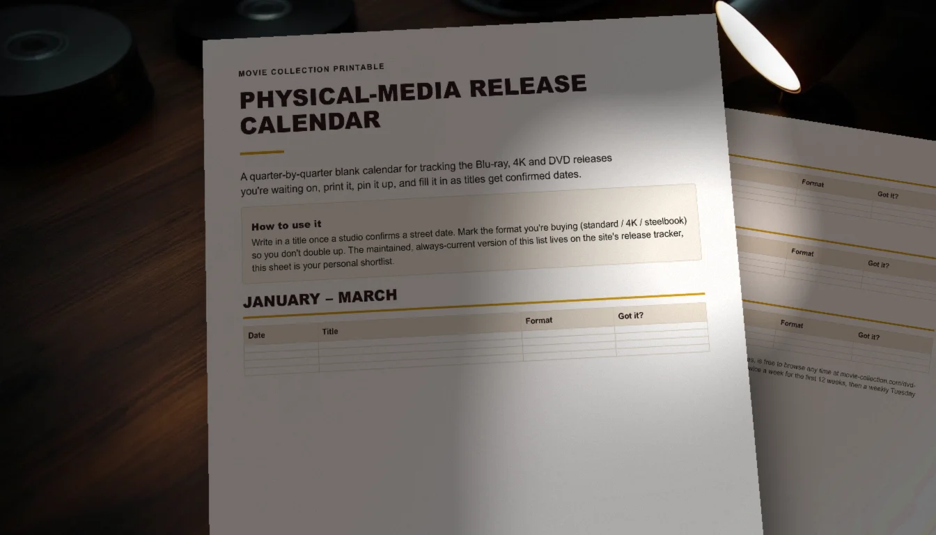 The printed Physical-Media Release Calendar, both sheets, on a media console under a lamp