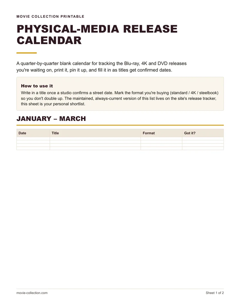 The first page of the printable physical-media release calendar