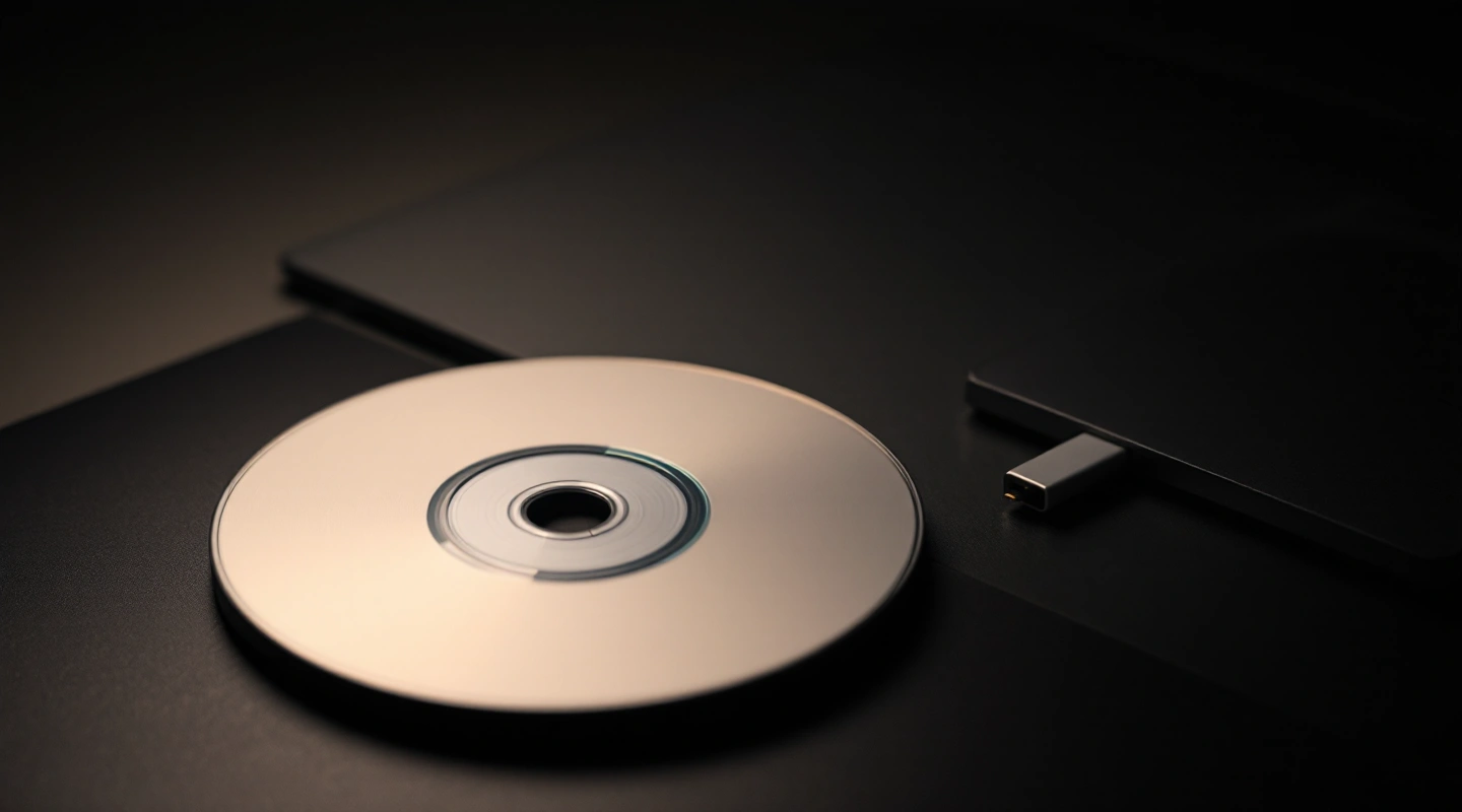 An unlabeled disc beside a slim drive and a closed laptop