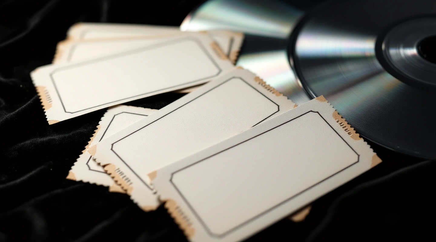 Blank paper ticket stubs beside an unlabeled disc on dark velvet