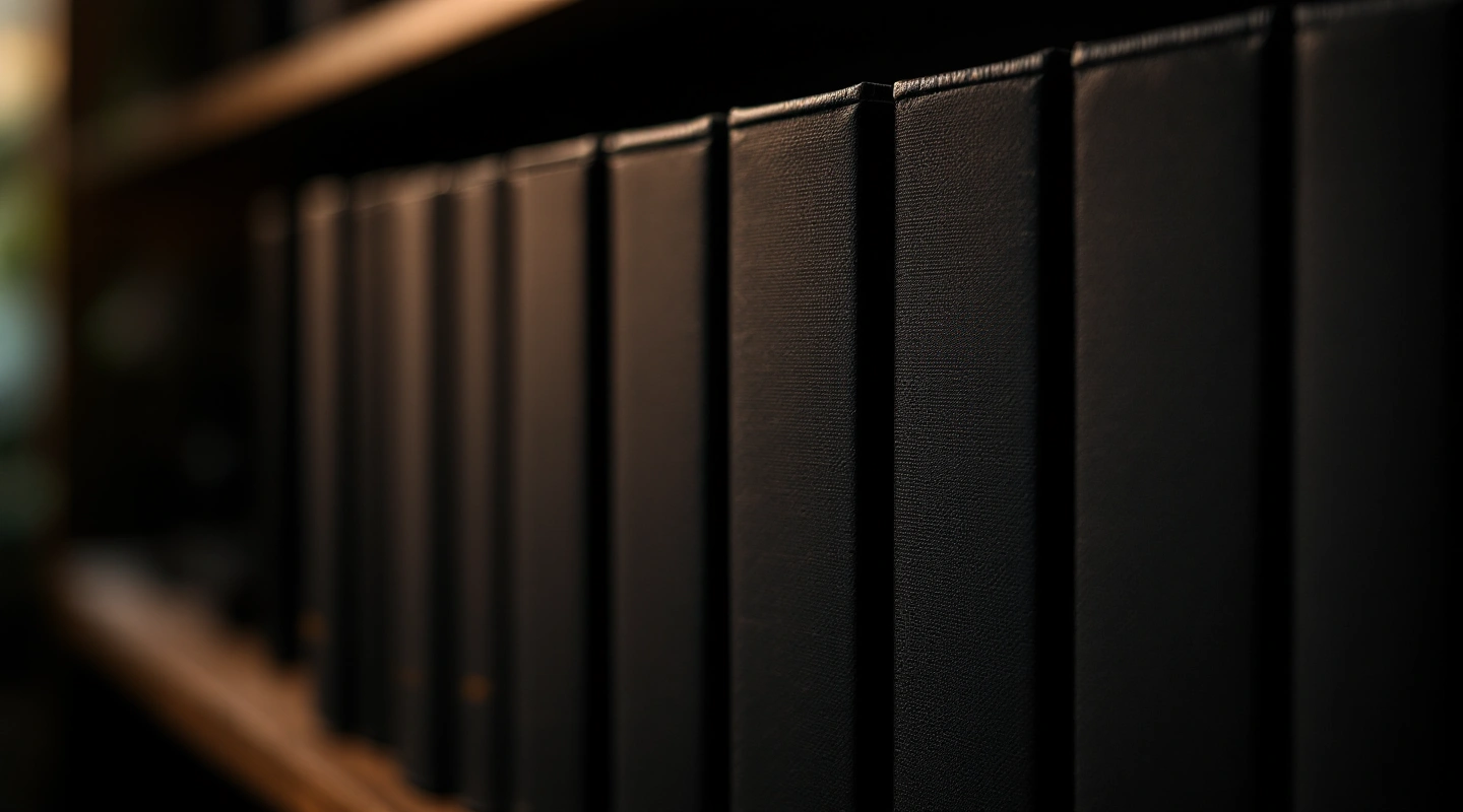 A row of plain black cases on a shelf in shallow focus