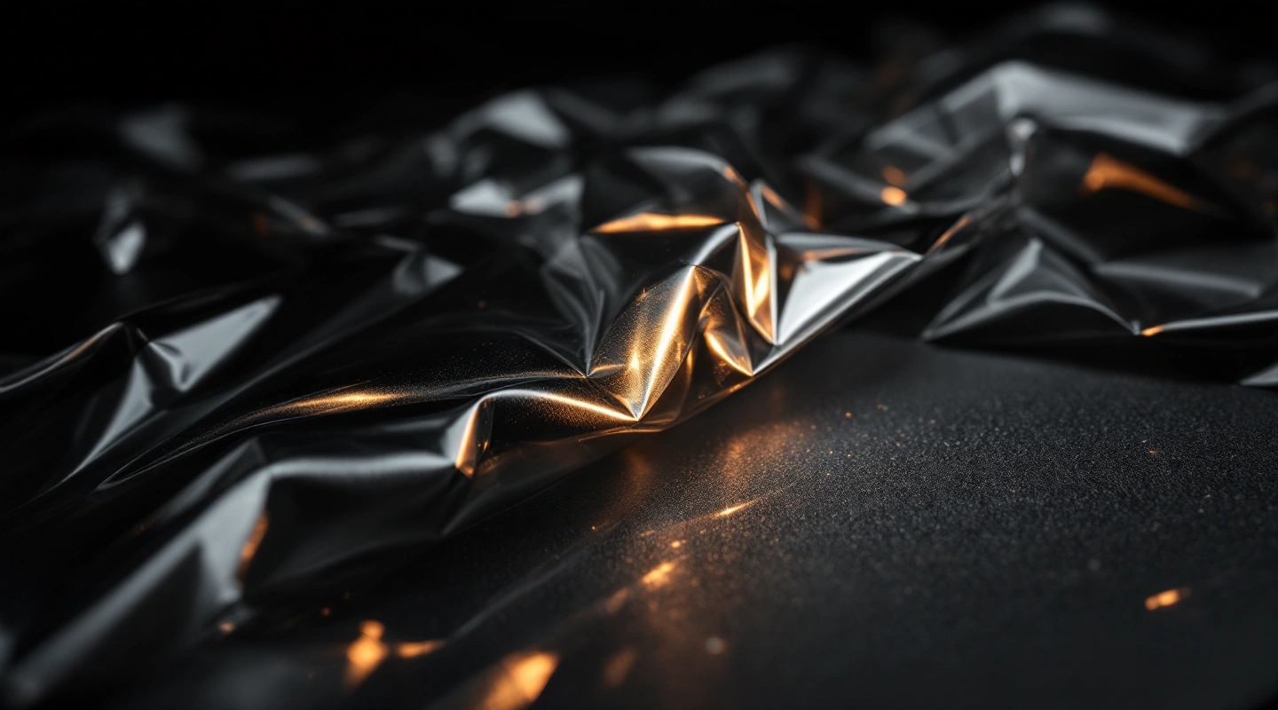 Macro of crinkled clear shrink wrap catching warm light