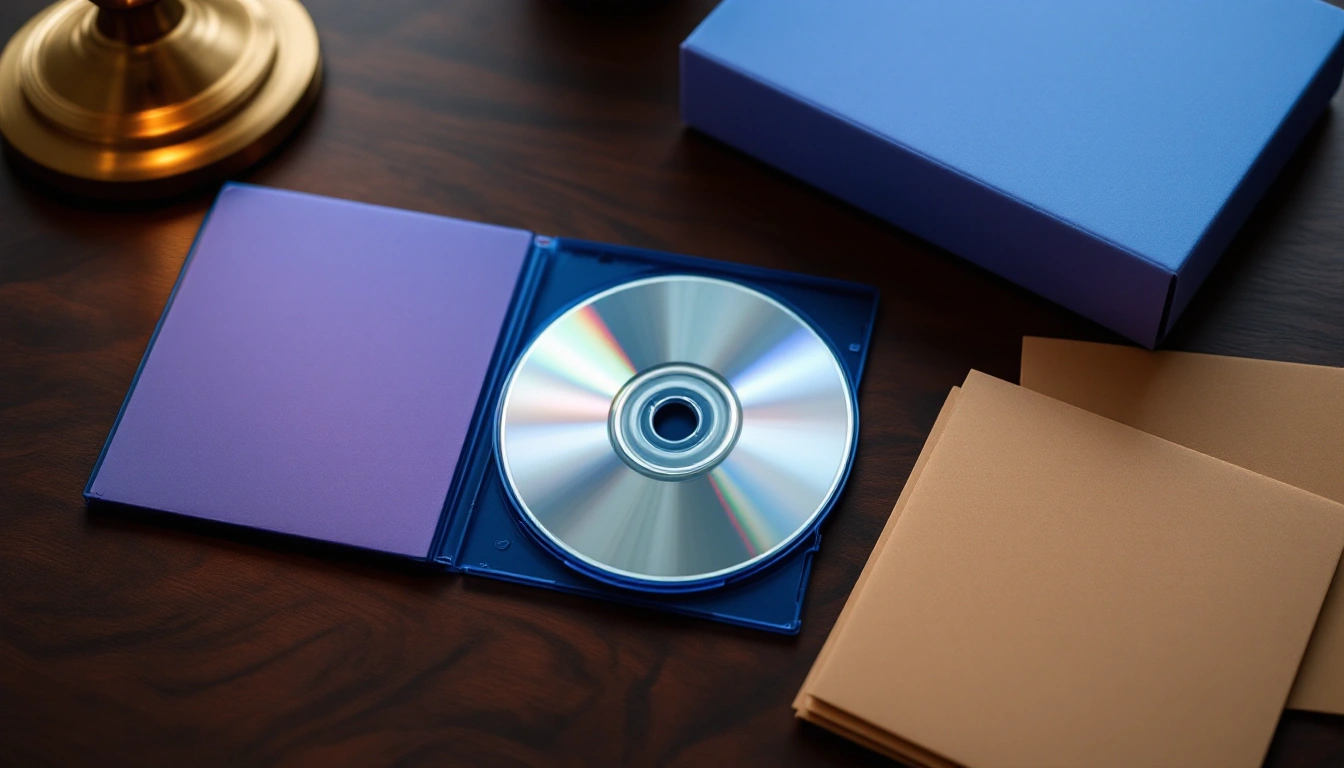 An unmarked Blu-ray case, silver disc and plain sleeves on a warmly lit wooden desk