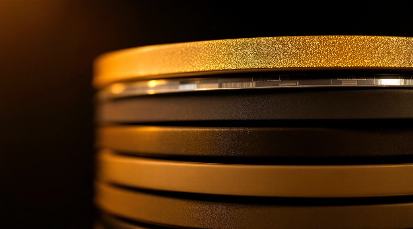 A stack of plain, unlabeled disc keepcases viewed face-on in warm shelf light, soft focus on the background cases