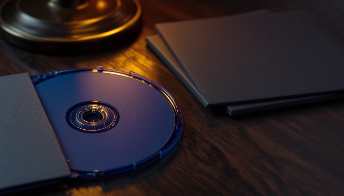 An unmarked blue disc case and blank sleeves on a wooden table