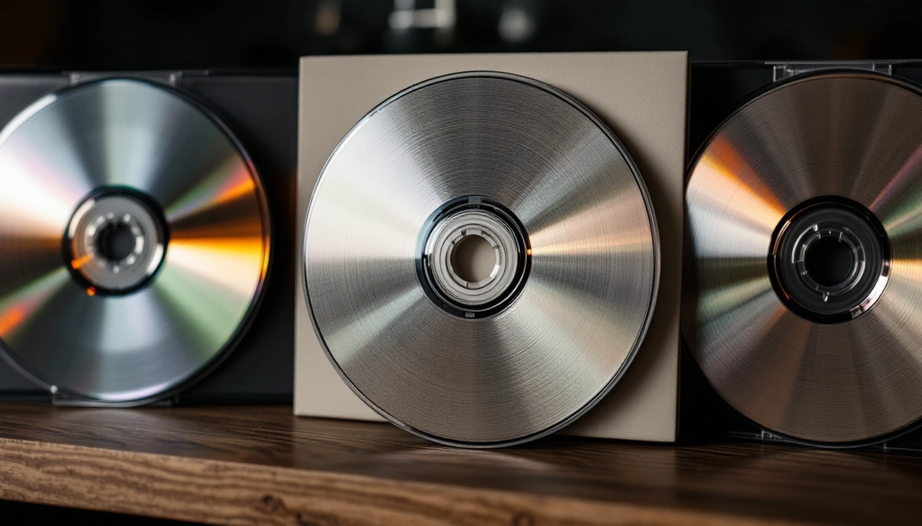 Unmarked silver discs and plain cases arranged on a wooden shelf