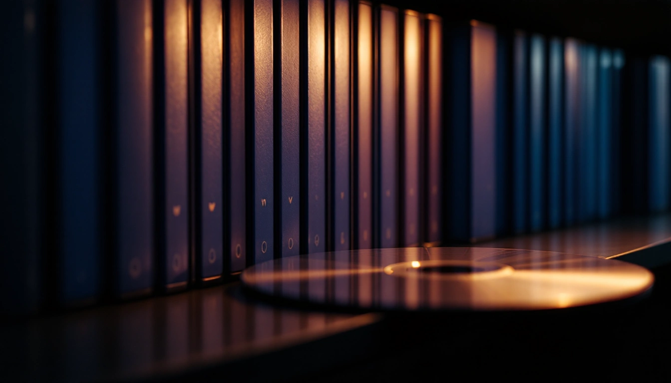 Plain dark disc cases and a reflective disc on a shelf in warm evening light