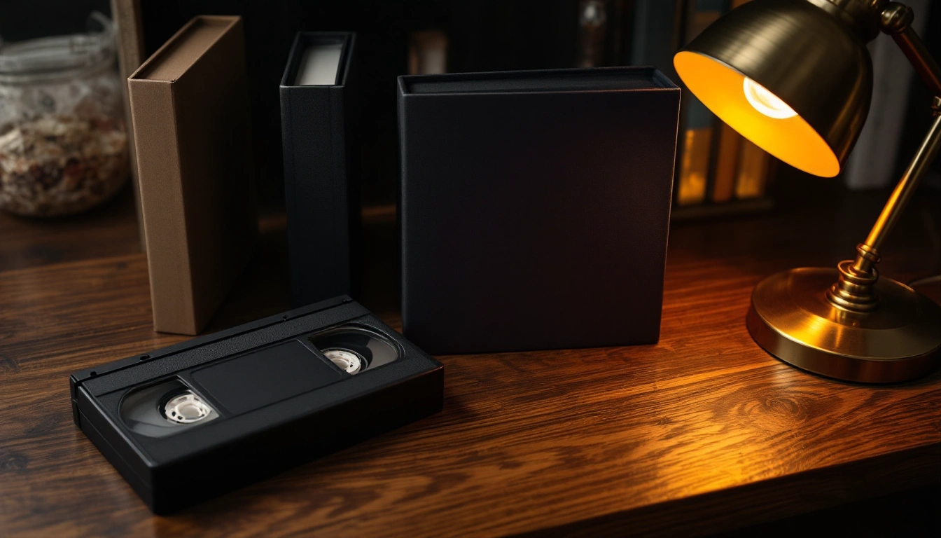 Unmarked VHS cassettes and plain cardboard cases on a warmly lit desk