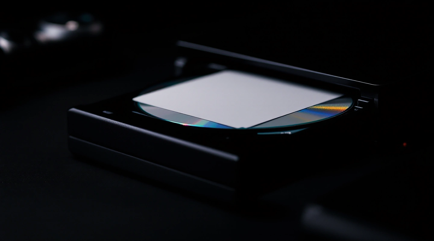 A plain external disc drive with an open tray on a dark desk